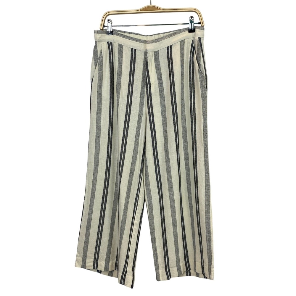 Old Navy Linen Blend Striped Wide Leg Trouser Pants Women M Cream Blue Nautical